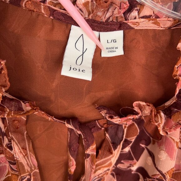 Joie Shirt Womens Large Brown Leaves Boho Sheer Swiss Dot Chiffon Tie Ruffle - Picture 11 of 15